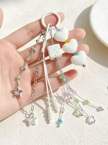 1pc Ins Style Heart Tassel Keychain, Colorful Polka Dot Square Bag Charm, Beaded Accessory - Multicolor - View 4