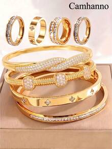Camhanno 8pcs Creative Stainless Steel Plated 18K Gold Set, Full Diamond Bracelet, Ring, Date Wear Bracelet - Gold - View 11