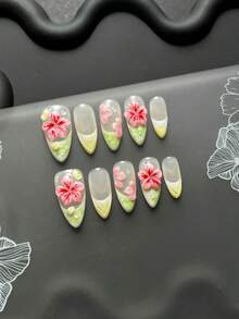 10-Piece Handmade Press-On Nail Art, Almond-Shaped Nails, Y2K Finish, 3D Pink Begonia Flower, Green Gradient V-Shaped French Manicure With Teardrop Design, Reusable. Suitable For Everyday Wear/Holiday Occasions. - Mint Green - View 1