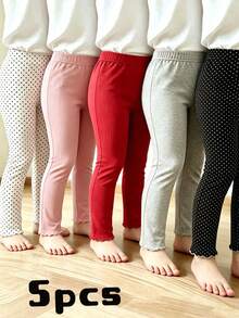 5pcs/Pack Legging Anak Perempuan Motif Garis Vertikal dengan Hiasan Rumbai, Lembut & Nyaman, Serbaguna untuk Pemakaian Sehari-hari - MultiWarna - View 15
