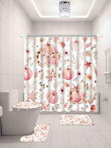 1/4pcs Thanksgiving Autumn Harvest Pink Maple Leaf Pumpkin Shower Curtain Set, With 12 Hooks Waterproof Polyester Shower Curtain, Bathroom Curtain, Privacy, Thickened, Durable Quick Dry - A - View 22