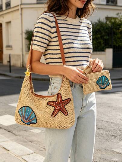 Sequin Starfish Shell Woven Straw Shoulder Bag + Wristlet Pouch, Bohemian Style Raffia Wanderer Bag, Large Capacity Tote Bag, Multi-Functional Straw Handbag, Can Store Swimwear, Cosmetics And Personal Items, Suitable For Beach Outings, Pool, Vacation And Casual Wear Scenes, Fits Summer Vacation, Birthday, Bridesmaid Gift And Beach Party Gifting; Can Also Serve As Beach Bag, Travel Shoulder Bag, Daily Wanderer Bag And Personal Storage Wristlet, Suitable For Vacation Girls, Students, Moms, Fashion Enthusiasts