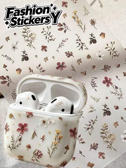 1pc Vintage Dried Flower Style Embossed Sticker, Autumn Watercolor Floral & Mushroom Combination Design, Suitable For Earphone Case, Phone Case, CCD Camera, Instant Camera Modification, Wear-Resistant And Anti-Curling, Atmospheric Modification Accessory For Portable Digital Devices And Handmade DIY