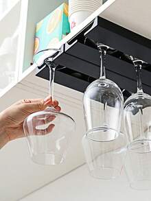 Under Cabinet Wine Glass Rack, No-Drill Under Cabinet Wine Glass Storage Rack, Stemware Rack, Wine Glass Stemware Draining Rack, Glassware Drying Rack, Suitable For Kitchen, Bar And Restaurant - Black - View 2