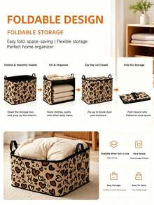 1pc Foldable Leopard Print Heart Pattern Storage Box, Large Capacity Zipper Storage Bag With Handle, Dust-Proof & Moisture-Proof Space-Saving, Suitable For Wardrobe, Bedding, Blankets, Toys And Seasonal Clothing,Bedroom Room Decor,Back To School - Multicolor - View 4