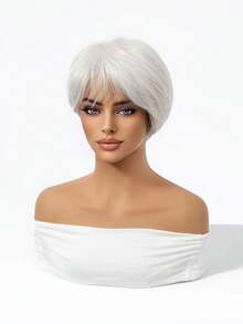 8 Inch Natural Black Pixie Short Bob Wig With Bangs, Heat-Resistant Synthetic Fiber, Breathable Adjustable Mesh Cap, Suitable For Daily Wear, Office, Date, Halloween Party - White - View 6