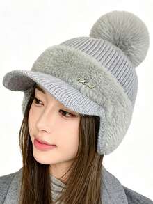 Berretto invernale in maglia con fodera in peluche da donna, adatto per sport all'aperto e abbigliamento casual, stile versatile - Berretto di lana con paraorecchie - Visualizzare 15