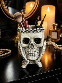 1pc Gothic Skull Makeup Brush Holder Resin Skeleton Cosmetic Storage Rack Dark Romantic Vanity Organizer Witchy Bedroom Halloween Home Decor Unique Gothic Style Gift For Women - C - View 9