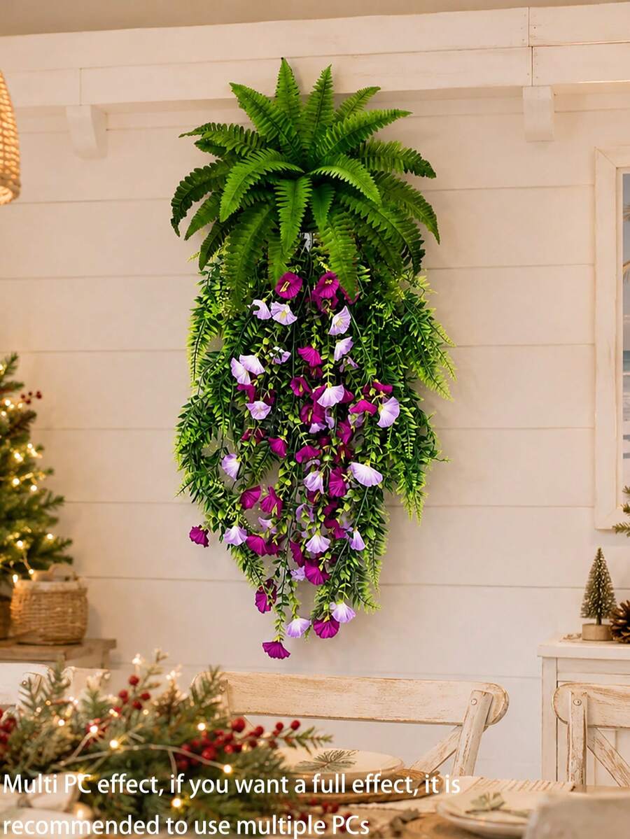 人造吊掛蕨類與花卉植物套組 - DIY 50cm/76cm 仿真綠植，適用於居家花園與庭院裝飾 (4件組)