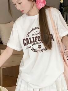 Women's Short Sleeve T-Shirt With Letter Print, Casual Style, Loose And Soft Fit, Fast Local Delivery - 白色 - 查看 1