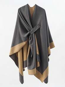 1 pieza Poncho-capa de hombre con estampado de rayas, reversible de unicolor, bufanda cálida, estilo de viaje europeo y americano - Multicolor - Ver 4