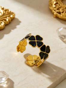 1 buah Gelang Bangle Terbuka Stainless Steel Enamel Desain Daun Semanggi Empat Daun Minimalis untuk Wanita, Cocok untuk Liburan, Kencan, atau Sebagai Hadiah Liburan untuk Teman - Yellow Gold - View 8