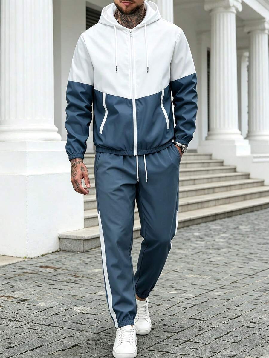 2pcs/Set Men's Sports Outfit, Fashion Colorblock Long Sleeve Hooded Zip-Up Sports Jacket With Solid Color Drawstring Joggers, Very Comfortable - Dusty Blue - View 1