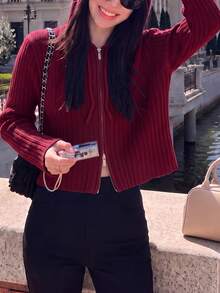 Women's Casual Elegant Vertical Striped Hooded Cardigan Knit Sweater Jacket, Red, Autumn/Winter - Red - View 2