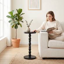 LOVEWE Solid Wood Retro Round Side Table, Floor-Standing Small Drinking Table, Tray Tabletop Side Table, Frosted Finish Surface, Wooden Color Tone - Black - View 9