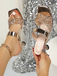 Women's High Heel Slippers, Kitten Heels, Summer New Rhinestone Square Toe Open Toe High Heel Sandals, Shoe, Mirror Rhinestone Slide Sandals, Date - Gold - View 5