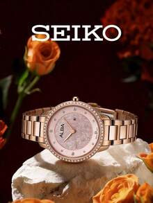 Seiko Women's Rose Gold Tone Quartz Watch Crystal Bezel Sand Texture Dial Accessory For Romantic Dates Afternoon Tea Anniversary Birthday Gift For Her - Rose Gold - View 5