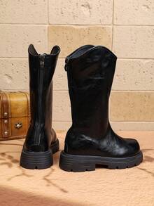 Basic Western Style Tall Riding Boots, V-Shaped Shaft, Non-Slip Thick Sole, Warm Autumn/Winter Fashion Boots For Girls - Black - View 2