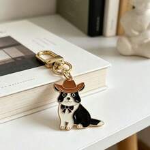 Cartoon Cowboy Puppy Single Pendant Keychain, Cute Border Collie Enamel Key Chain Wearing Cowboy Hat And Bowtie, Compact Holiday Commemorative Gift For Pet Lovers, Western Style Wallet Accessory, Party Favor For Animal Lovers - Multicolor - View 5