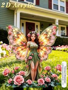 1pc 2D Flat Outdoor Acrylic Stake, Designed For Soil And Potted Plants, Depicting A Fairy In Roses, Perfect For Enhancing Garden As Decorative Pot Ornament, Ideal For Outdoor Yard Decor - Fairy Wing Garden Stake - View 5