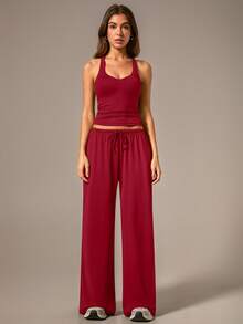NcmRyu Setelan Olahraga Wanita 1 Set: Atasan Tank Top Camisole dengan Tali Serut dan Saku, Celana Panjang Lebar - Merah - View 11