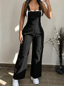 Autumn Popular Solid Color Cargo Pocket Wide Leg Overall Jumpsuit For Commuting Halloween - Black - View 1