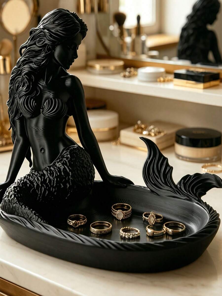 1pc Mermaid Jewelry Tray, Decorative Storage, Desktop Organizer, Mermaid Sculpture, Shell-Shaped Dish, Suitable For Rings, Necklaces, Jewelry Storage, Holiday Decoration, Decorative Ornament, Home Decor, Dorm Storage, Back To School, Halloween, Christmas - Multicolor - View 1