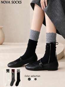 1/3 Pairs Randomly Assorted Dual-Color Patchwork Ruffle Lace-Up Bow Mid-Calf Socks For Women, Breathable Sweet Young Lady Style, Minimalist French, Preppy, Suitable For Back To School Season Daily Wear, Versatile Retro Style, Suitable For Daily Party Wear, Easy To Match, Comfortable Fabric, Fashion, Style, Ruffles, - Multicolor - View 7