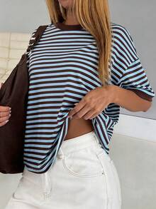 GLAMSKIN Women's Summer/Autumn Basic Striped Round Neck Loose Short Sleeve T-Shirt, Solid Color Minimalist Casual Top, Suitable For Back To School, Outings, Streetwear, Work Commute - Blue and Brown Stripes - View 8