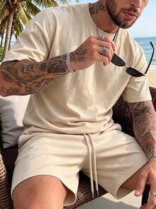 Men's Summer Round Neck Casual T-Shirt And Shorts Set - Apricot - View 1