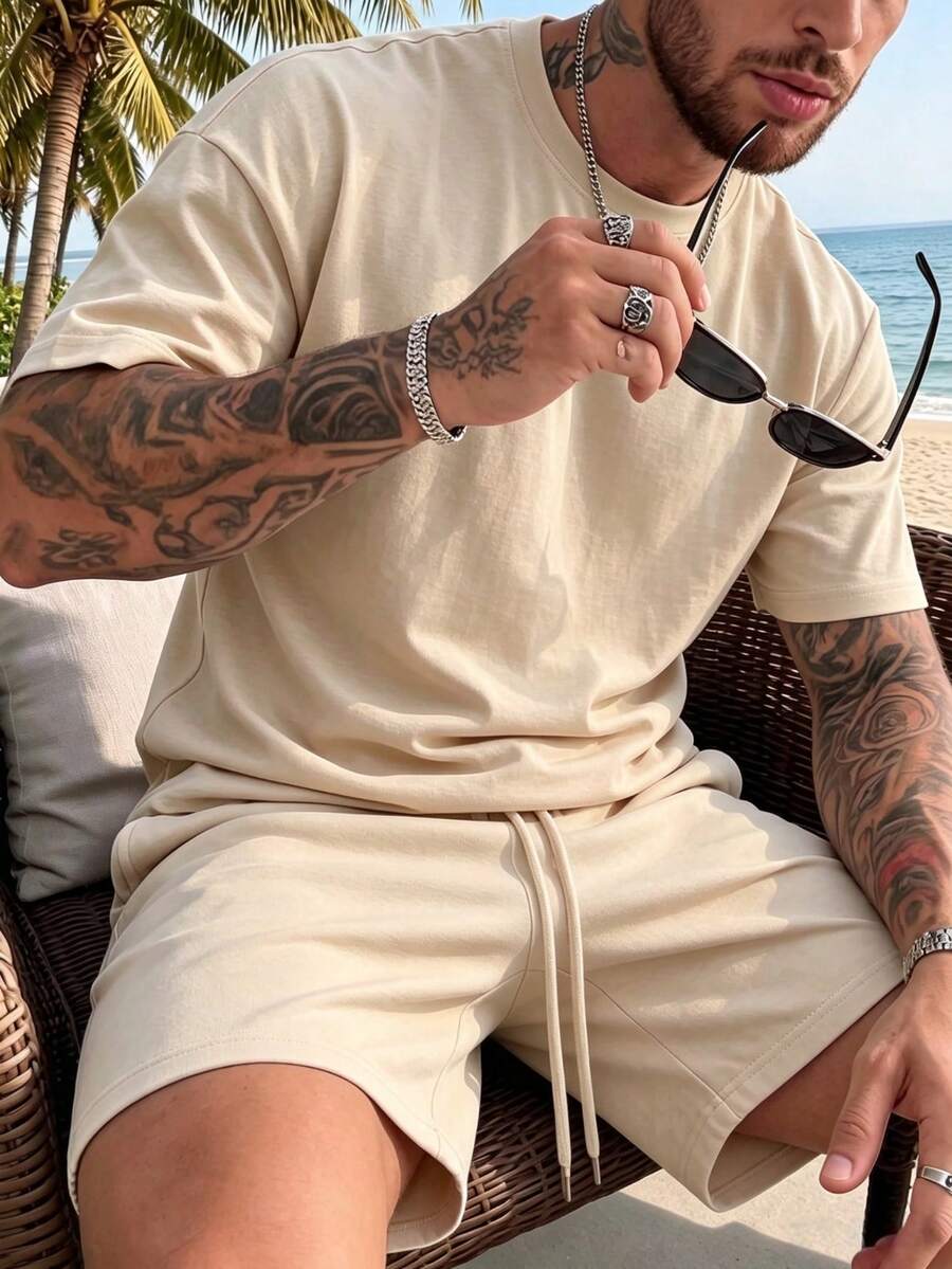 Men's Summer Round Neck Casual T-Shirt And Shorts Set - Apricot - View 1
