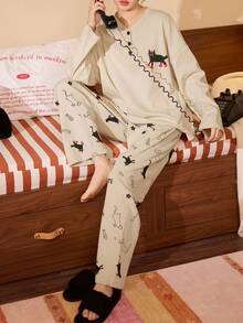 2 piezas/Set Pijama de mujer, conjunto de ropa de estar en casa, estampado de animales lindo, minimalista y juguetón, sudadera de cuello en V de manga larga y pantalones, para todas las estaciones - Albaricoque - Ver 7