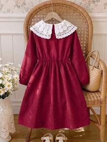 Tween Girls Christmas & Halloween Elegant Burgundy Corduroy Half-Button Cinched Waist Long Sleeve Dress With Contrast White Embroidered Lace Peter Pan Collar, Autumn/Winter Holiday Party Single Piece - Red - View 7