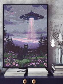 |5D DIY Diamond Painting|Black Cat And UFO In Purple Wildflower Forest Night Scene Diamond Art Set,Mysterious Alien Fantasy Nature Wall Decor.Relaxing Diamond Painting,Diamond Painting For Adults,Make Your Own Wall Art DIY,Enjoy The Fun Of Hands-On - No Frame - View 2