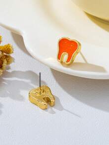 1 Pair Fashionable Exquisite Small Elegant Versatile Gold-Plated Orange Oil-Drip Cute Tiny Tooth Stud Earrings, Suitable For Women - Orange - View 5