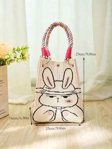 Women Knit Bucket Tote Bag,Cartoon Rabbit Print Striped With Metal Rings,Snap Button,Portable Daily,Lovely Casual For Girls Spring Summer Shop Daily - Beige - View 3