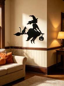 1 Peça Decoração de Parede de Ferro Bruxa Voadora, Bruxa Montada em Vassoura com Silhueta de Gato Preto e Abóbora, Decoração de Jardim, Adequado para Sala de Estar, Lareira, Varanda, Quintal, Jardim, Decoração de Festa de Halloween, Melhor Presente de Decoração para Casa para Amigos/Família - Gato Bruxo - Visão 11