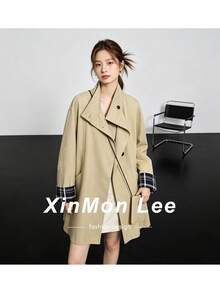 Stunning Stand Collar Trench Coat Jacket Button-Up Top For Office, Daily Wear, Dating, Spring And Autumn - Khaki - View 1