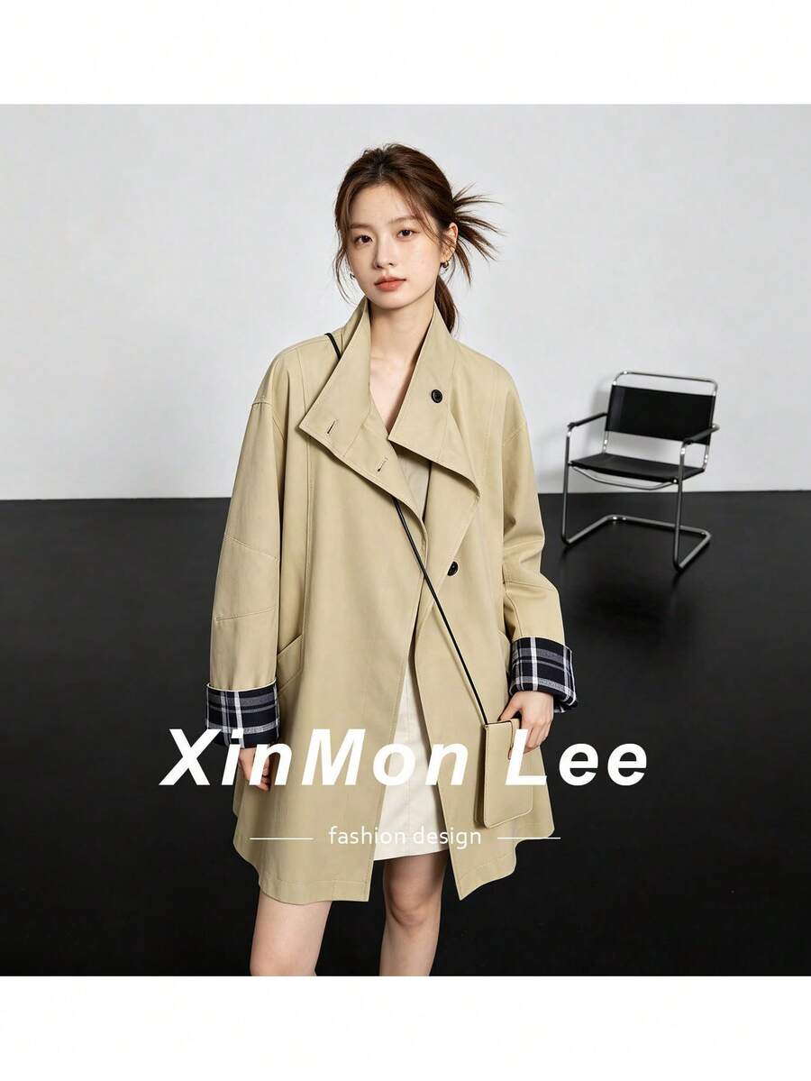 Stunning Stand Collar Trench Coat Jacket Button-Up Top For Office, Daily Wear, Dating, Spring And Autumn - Khaki - View 1