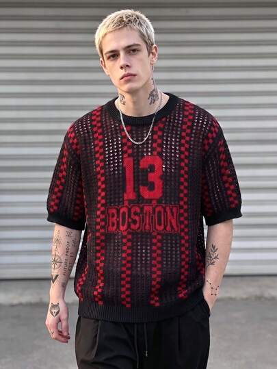 BLACKTOEXIT Camiseta de punto para hombre, cuello redondo, manga corta, corte slim, corte , estilo hip-hop, textura calada, top de punto jacquard con número grande & letra inglesa