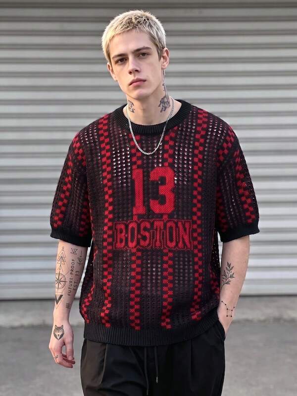 BLACKTOEXIT Men's Knitted T-Shirt, Crew Neck, Short Sleeve, Slim Fit, Straight Cut, Hip-Hop Style, Hollow-Out Texture, Large Number & English Letter Jacquard Knit