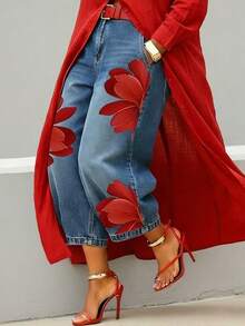 Women High Waist Big Floral Print Straight Leg Cropped Jeans, Side Flower Wide Leg Denim Capri Pants, Boho Vacation Casual Ankle Trousers - Red - View 1