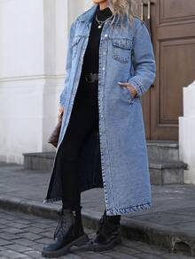 Mobula Sound# Plus Size Women's Spring/Summer Versatile Fashion Denim Jacket With Front Buttons, Long Length, Suitable For Daily, Holiday, Airport Wear - Blue - View 4