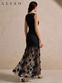 ALIAO Women's Black Solid Color 3D Floral Patchwork Boat Neck Sleeveless Fitted Mermaid Long Dress, Sheer Hemline Atmosphere Wedding Party Fall - Black - View 6