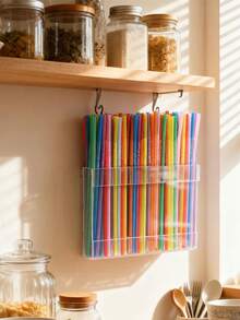 1PC Acrylic Straw Holder, Straw Holder For Cabinet Door, Straws Organizer Storage With Adhesive, Space-Saving Straws Storage Dispenser For Kitchen - Transparent - View 1