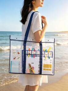 Large Transparent PVC Art Portfolio Tote Bag With A4 Pocket And Snap Closure, Waterproof Poster Storage Bag, Reusable Clear Handbag, Suitable For Art Blueprints, Teaching Flashcards, Portable Shoulder Bag, Ideal For Teachers, Students, Artists, Office Workers, School, Classroom, Picnic, Beach, Travel Practical Gift, Travel Essential - Multicolor - View 1