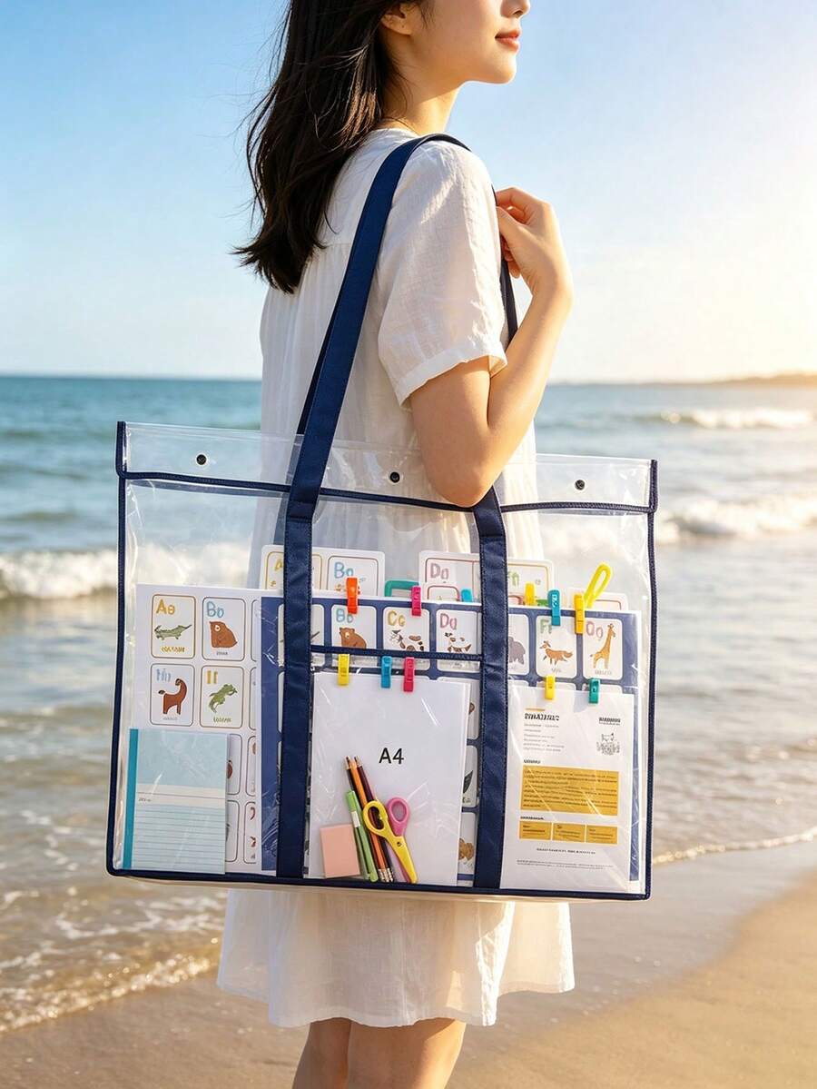 Large Transparent PVC Art Portfolio Tote Bag With A4 Pocket And Snap Closure, Waterproof Poster Storage Bag, Reusable Clear Handbag, Suitable For Art Blueprints, Teaching Flashcards, Portable Shoulder Bag, Ideal For Teachers, Students, Artists, Office Workers, School, Classroom, Picnic, Beach, Travel Practical Gift, Travel Essential - Multicolor - View 1
