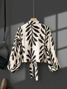 Plus Size Women's Casual Leaf Print Tie-Front Shirt, Limited Stock - Multicolor - View 2