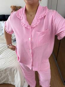 Women's Cute & Stylish Printed Soft Plus Size Pajama Set, Short Sleeve Button Collar Short Top & Long Pants, Soft Skin-Friendly Loungewear, Loose Slimming Fit, Machine Washable & Easy Care, Minimalist Versatile Style For Home & Casual Wear, Suitable For Daily Outings - Multicolor - View 6