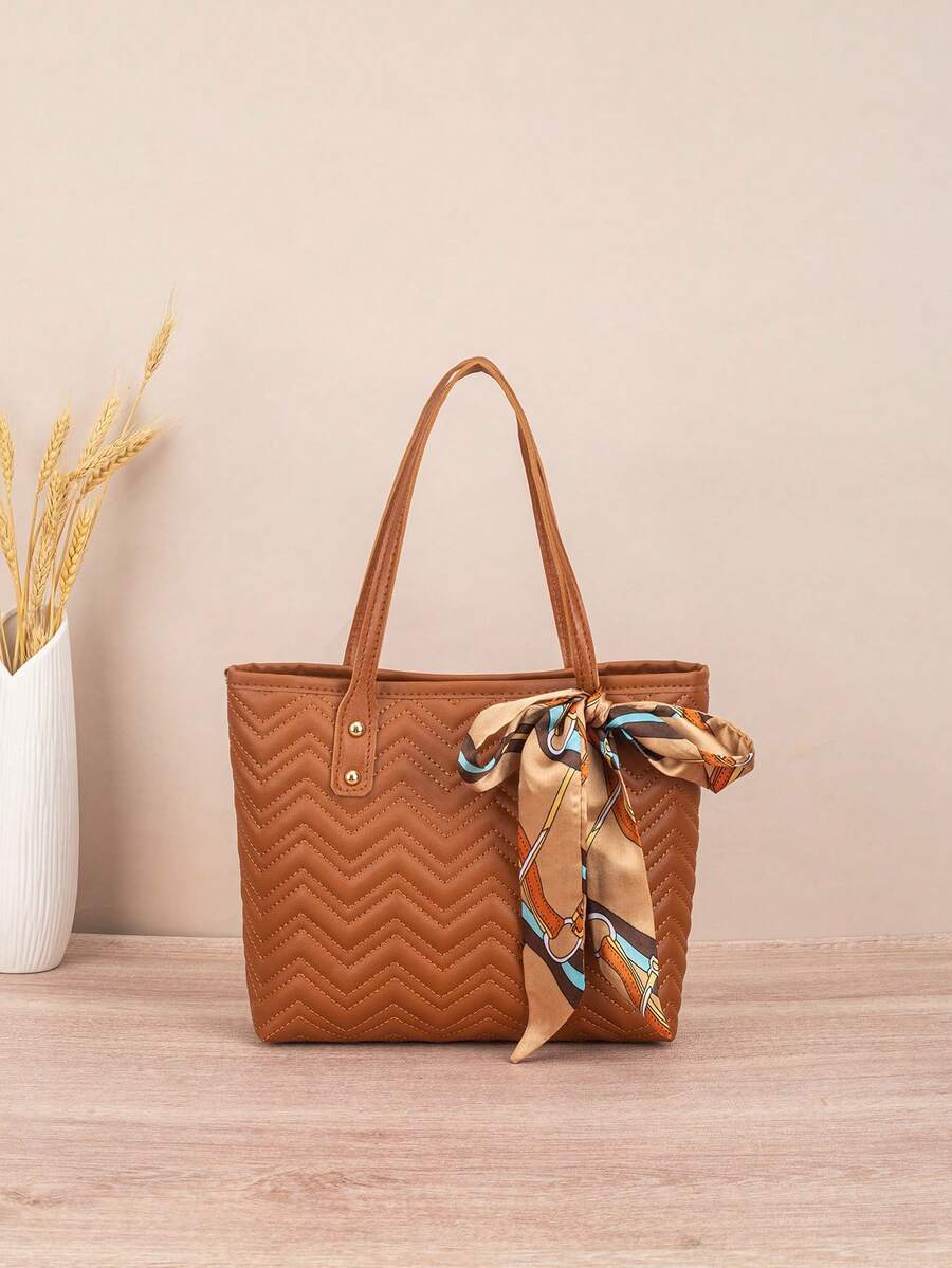 1pc Quilted Diamond Embroidered Large Capacity Lightweight Versatile Commuter Tote Bag With Scarf Decoration - Brown - View 1